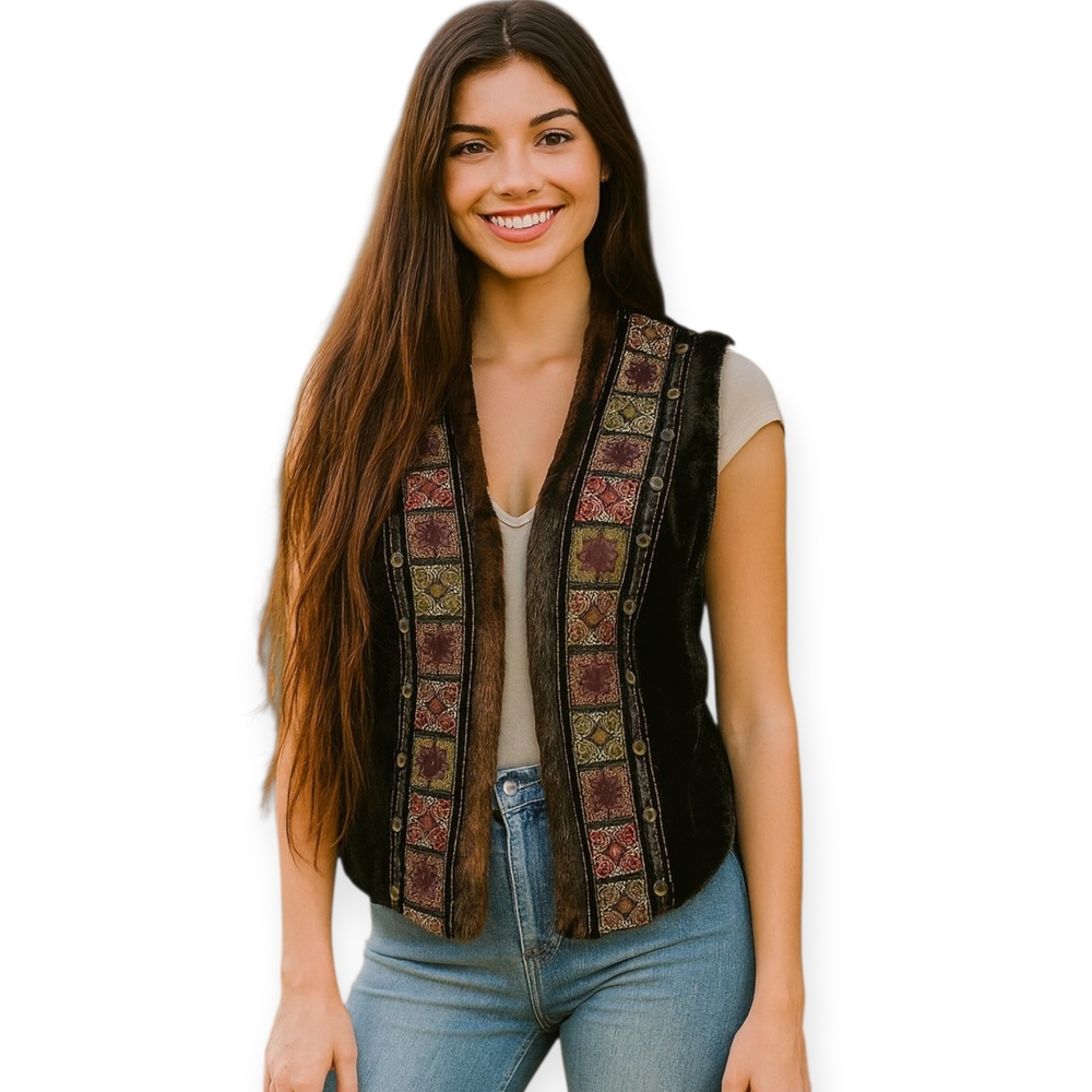 Vintage Y2K Boho Embroidered Faux Fur Vest Hippie Fesrival Brown Small